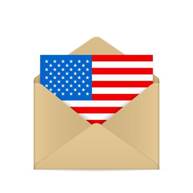 Beyaz arka planda ABD bayrağı olan bir zarf. Vektör illüstrasyonu.