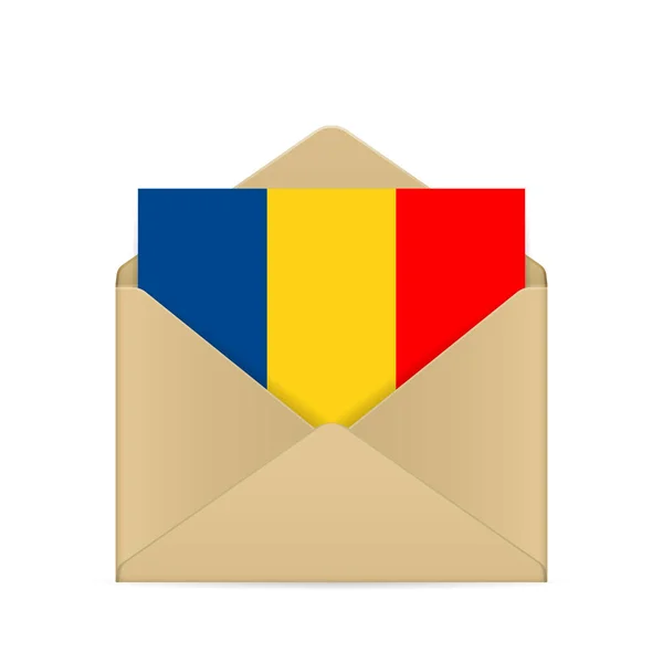 Beyaz Arka Planda Romanya Bayrağı Olan Bir Zarf Vektör Illüstrasyonu — Stok Vektör