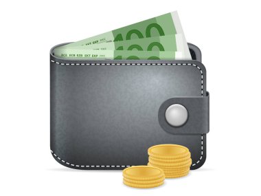 Cüzdan ve para beyaz bir arka planda.