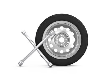 Beyaz arka planda araba tekerleği ve çapraz anahtar. 3d illüstrasyon.