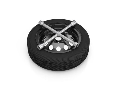 Beyaz arka planda araba tekerleği ve çapraz anahtar. 3d illüstrasyon.