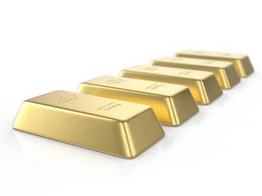 Beyaz arka planda altın külçeler. 3B illüstrasyon.