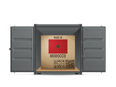 Fas kargo konteynırında beyaz arka planda karton kutu. Vektör illüstrasyonu.