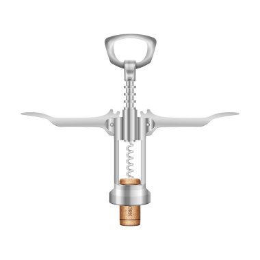 Beyaz arka planda şarap tirbuşonu ve mantar. Vektör illüstrasyonu.