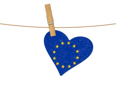 Kalp AB bayrağı çamaşır ipinde. Beyaz arkaplanda vektör illüstrasyonu.