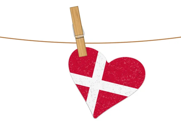 Bandiera Cuore Danimarca Sulla Clothesline Illustrazione Vettoriale Sfondo Bianco — Vettoriale Stock