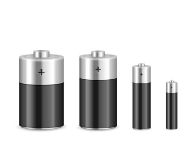 Beyaz arka planda alkalin batarya ayarlandı. Vektör illüstrasyonu.