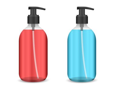 Beyaz arka planda sıvı sabun seti. Vektör illüstrasyonu.