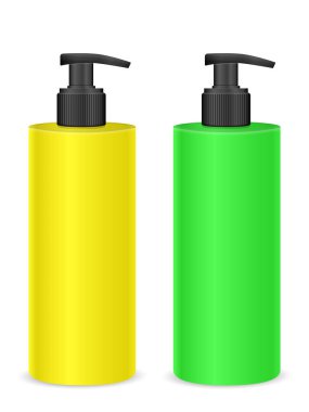 Beyaz arka planda sıvı sabun seti. Vektör illüstrasyonu.