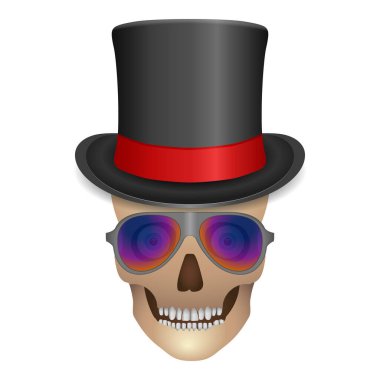 Beyaz arka planda aksesuarları olan bir kafatası. Vektör illüstrasyonu.