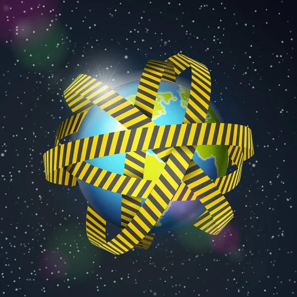 Світова Куля Попереджувальною Стрічкою Фоні Космосу Векторні Ілюстрації — стоковий вектор