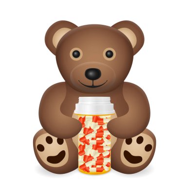 Beyaz arka planda şişe hapları olan oyuncak ayı. Vektör illüstrasyonu.