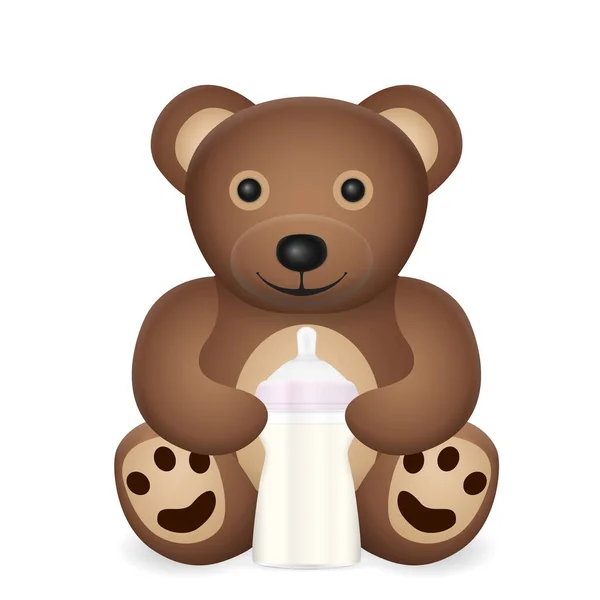 Teddybjörn Med Babyflaska Vit Bakgrund Vektorillustration — Stock vektor