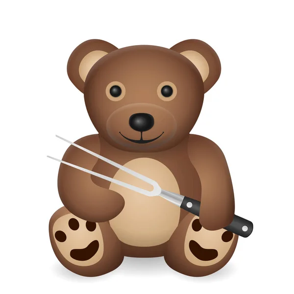 Teddybär Mit Tranchiergabel Auf Weißem Hintergrund Vektorillustration — Stockvektor