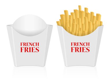 Beyaz arka planda karton kutuda patates kızartması..