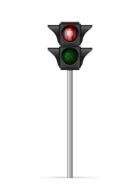 Beyaz arka planda kırmızı ışıkta geçen trafik ışığı. Vektör illüstrasyonu.