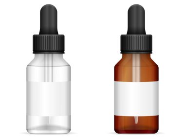 Beyaz arka planda cam bir tıbbi şişe var. Vektör illüstrasyonu.