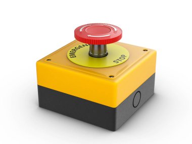 Beyaz arka planda acil durdurma düğmesi. 3d illüstrasyon.