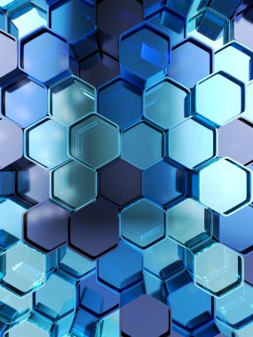 Mavi altıgenlerden oluşan soyut bir arkaplan. 3B illüstrasyon.