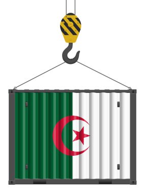 Beyaz arka planda Cezayir bayrağı olan bir kargo konteynırı. Vektör illüstrasyonu.