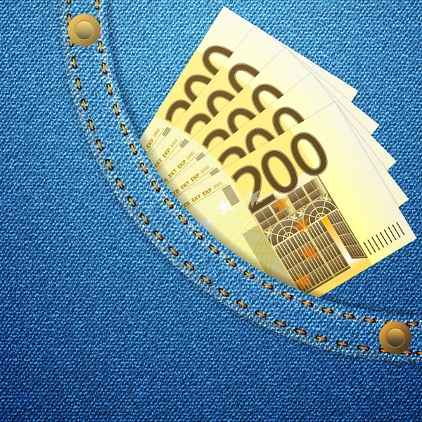 Denim zak en 200 euro bankbiljetten — Stockvector
