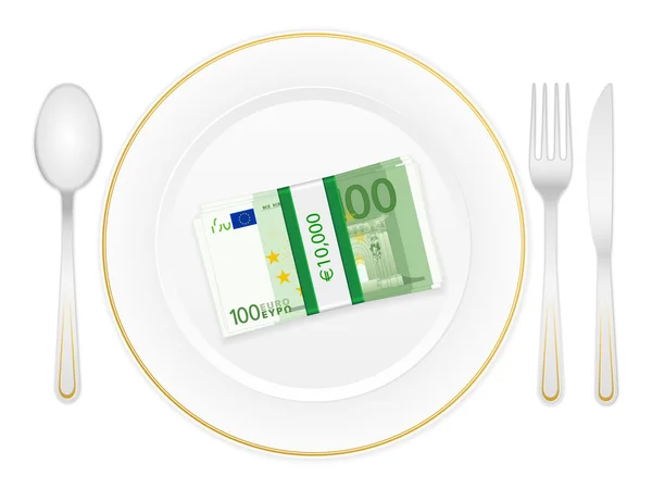 Plate cutlery and one hundred euro pack — Stock Vector