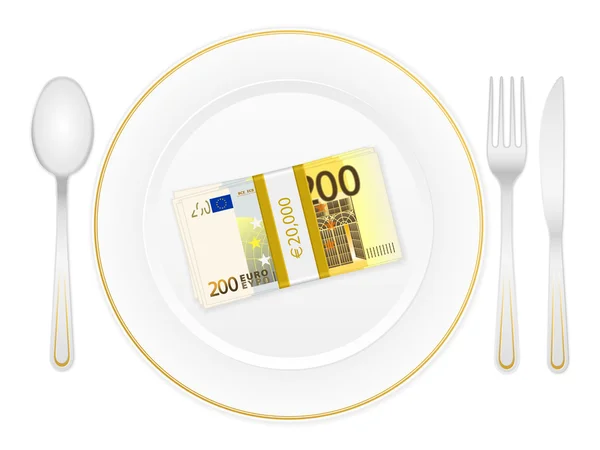 Plate cutlery and two hundred euro pack — Stock Vector