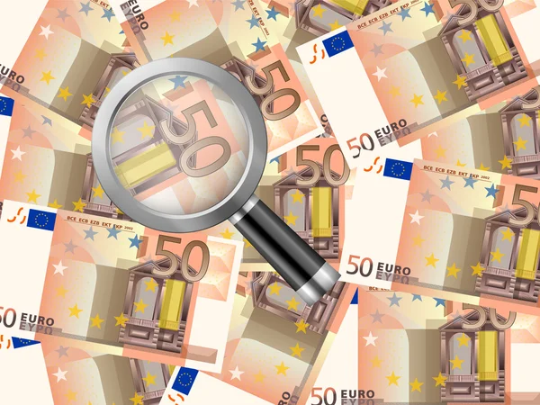 Magnifier on fifty euro background — Stock Vector