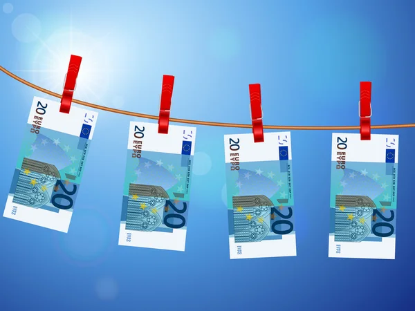 Twintig euro bankbiljetten op waslijn — Stockvector