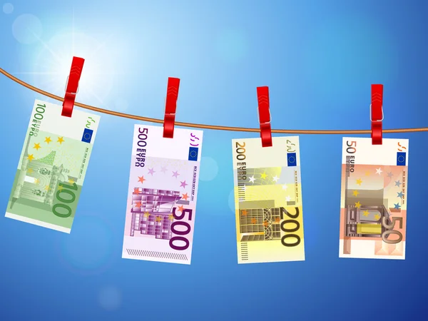 Euro banknotes on clothesline — Stock Vector