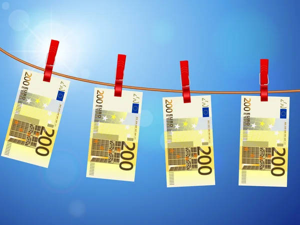 Tweehonderd eurobankbiljetten op waslijn — Stockvector