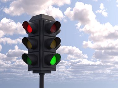 Gökyüzünün arka planında trafik ışığı. 3d illüstrasyon.