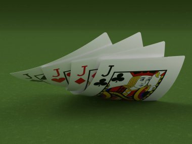 Yeşil bir masada kağıt oynamak. 3d illüstrasyon.