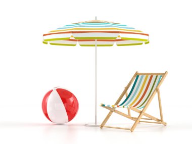 Plaj sandalyesi, beyaz arka planda şemsiye ve top. 3d illüstrasyon.
