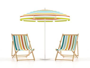 Beyaz arka planda plaj sandalyeleri ve şemsiye. Vektör illüstrasyonu.