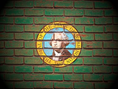 Washington eyaletinin bayrak arka planındaki eski tuğla duvar. 3d illüstrasyon.