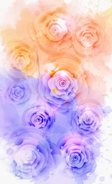 水彩色の飛沫とバラの花と抽象的な背景 紫とオレンジの色 結婚式の招待状 グリーティングカード ポスターなどのデザインのテンプレート ストックベクター