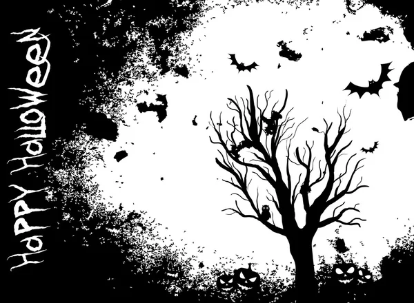 Grunge Halloween háttérrel, fa és denevérek — Stock Vector
