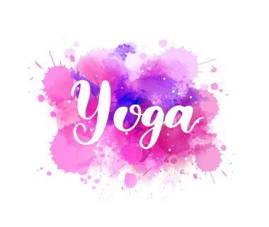 Yoga - handwritten modern calligraphy text on pink watercolor paint splash.