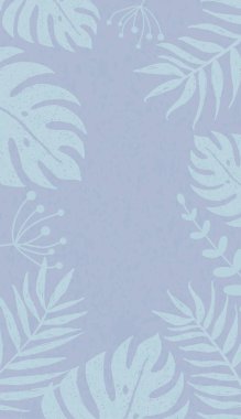 Light blue background with palm leaf frame. Template for vertical banner