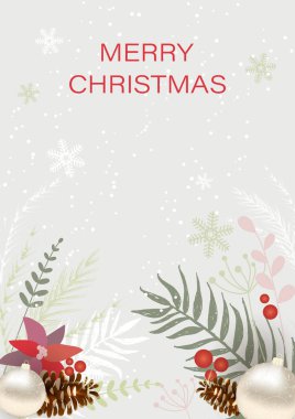 Yeşil çiçekli, yapraklı, kırmızı kutsal meyveli ve beyaz kar taneli bayram tebrik kartı ve açık bej arkaplanlı 