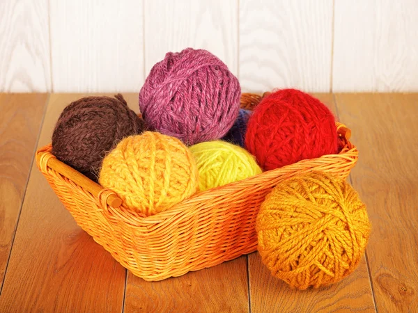 Different Yarn Balls In Wooden Basket — Stock Photo, Image