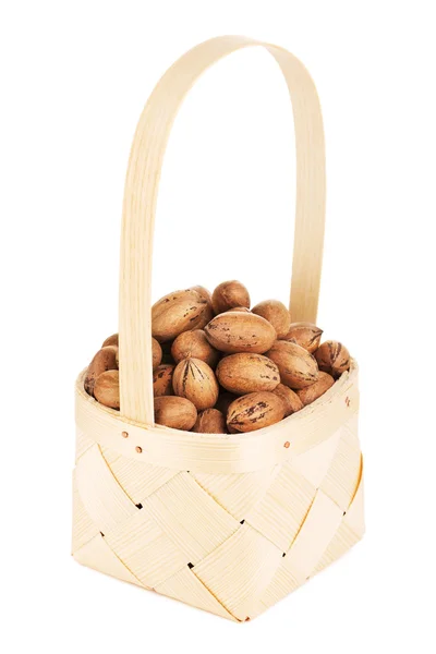 Pecan Nuts In Wooden Basket — Stock Photo, Image