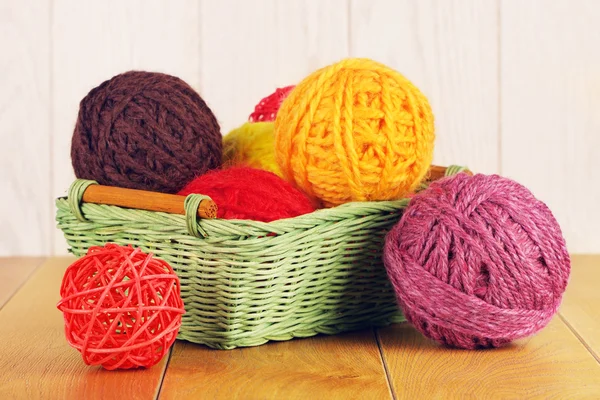 Different Yarn Balls In Wooden Basket Stock Photo