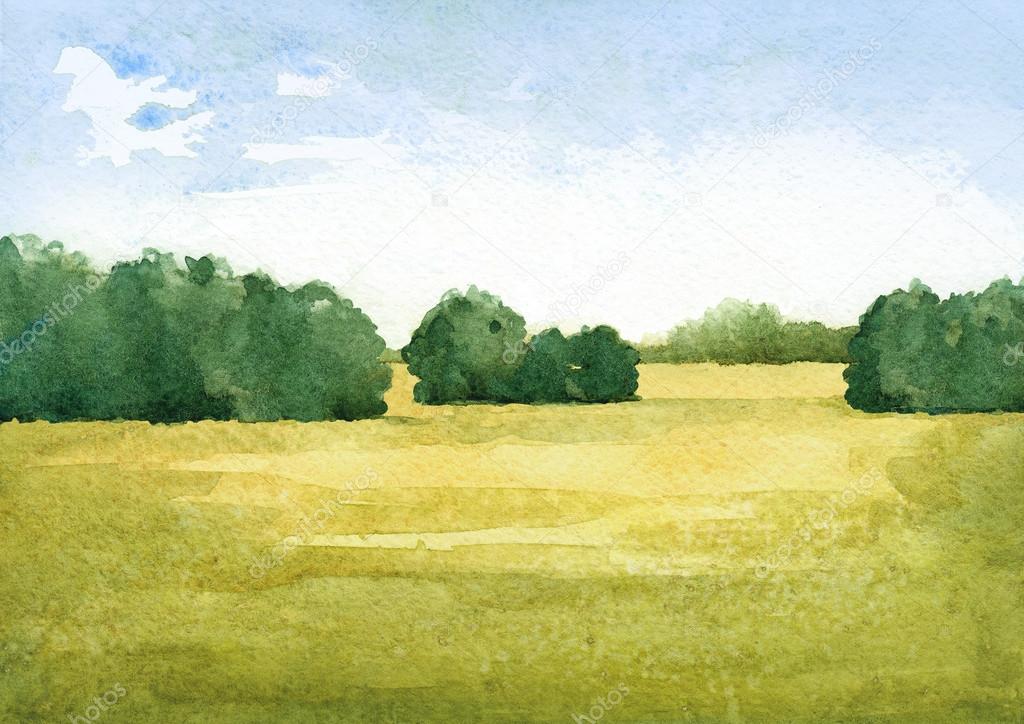 Watercolor illustration of a summer landscape
