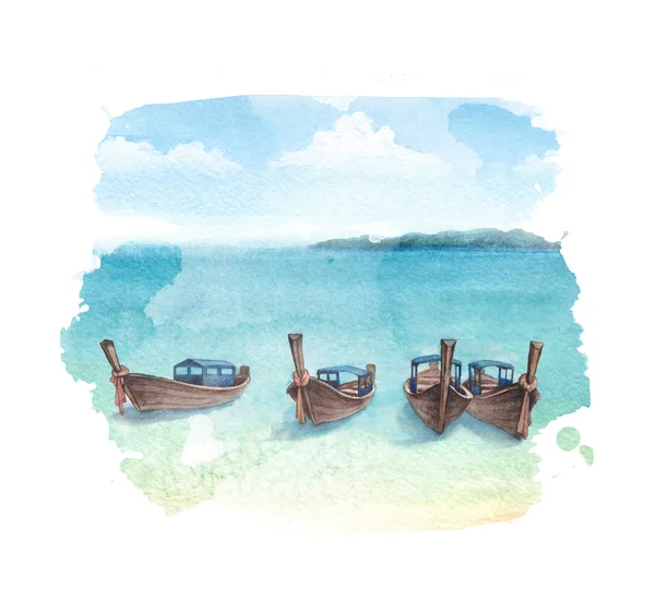 Watercolor illustration of a boats on a beach — Stock Photo, Image