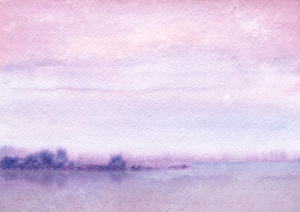 Watercolor illustration of  sunset on  beach