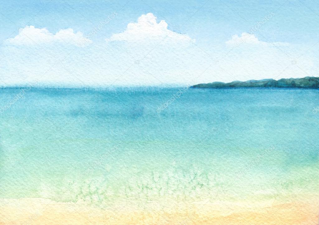 Watercolor illustration of a tropical beach