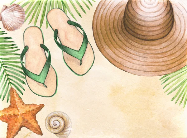Акварельные иллюстрации пляжных аксессуаров . — стоковое фото