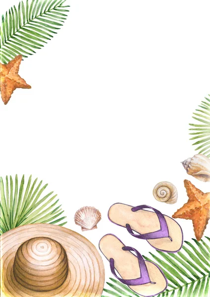 Акварельные иллюстрации пляжных аксессуаров. Летний отдых ба — стоковое фото